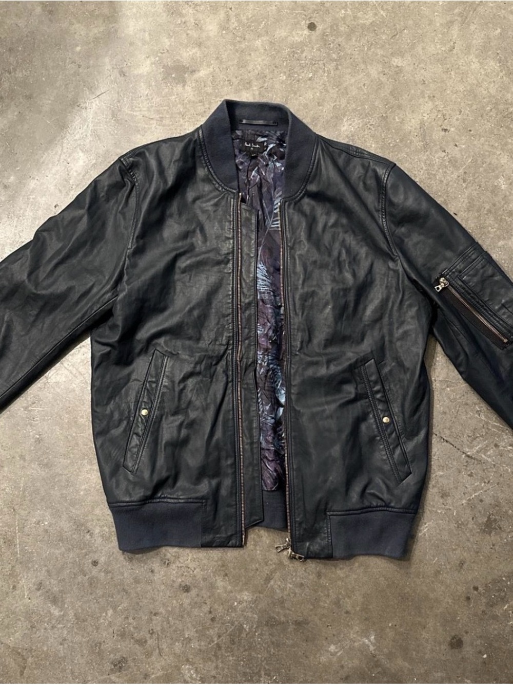 Paul Smith Black Leather Bomber Jacket with Patterned Lining